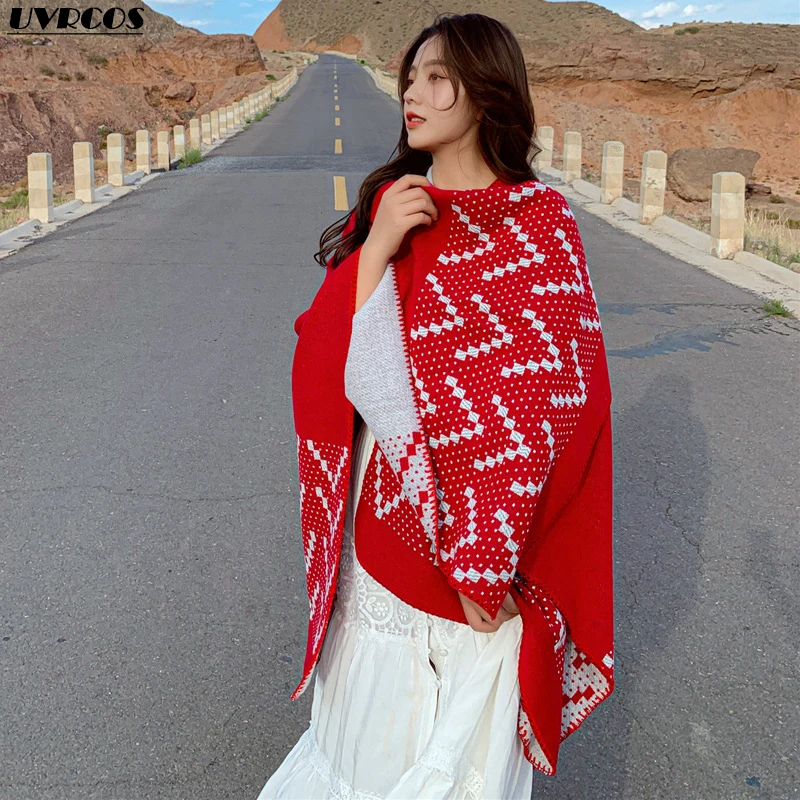 

Winter new famous ladies shawl thickened warm cashmere scarf wind-proof cold-proof decorative cloak long travel blanket scarf