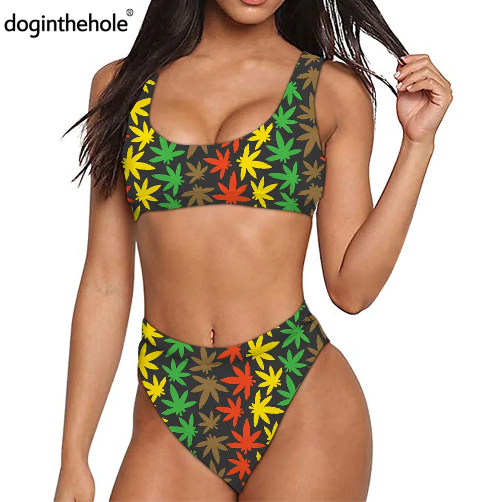 

doginthehole Weed leaf Pattern Bikinis for Women 2PCS Sport Swimsuit Fitness Push Up Swimming wear Girls Summer Sexy Beacwear