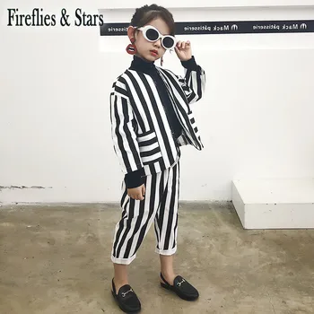 

Spring Autumn girls 2 pcs set baby jacket + pants kids suit children streetwear clothes white black vertical striped 3 to 8 yrs