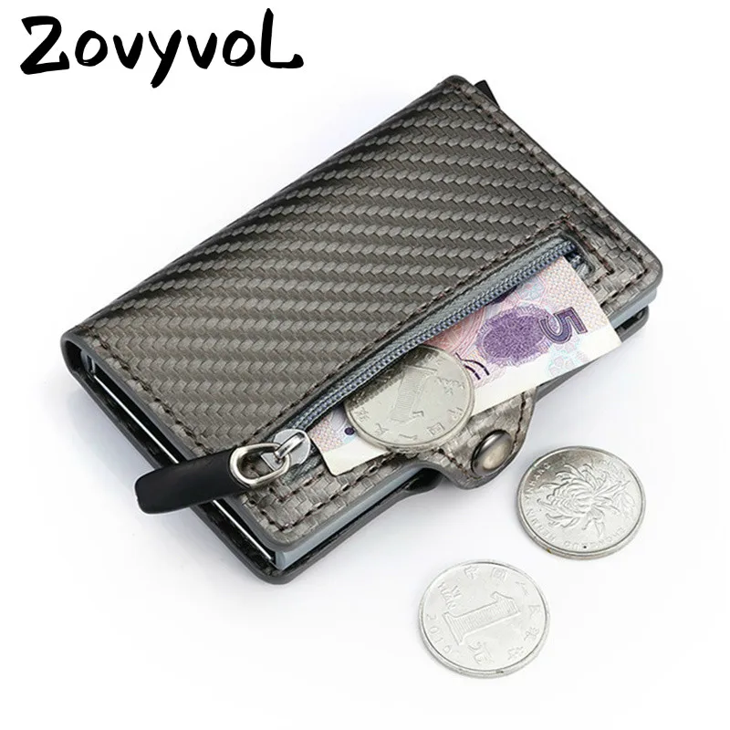 ZOVYVOL, новинка, Противоугонный держатель для карт из углеродного волокна, тонкий кошелек для карт, RFID, мужской деловой бумажник на кнопке, мужской кошелек для монет, держатель для ID