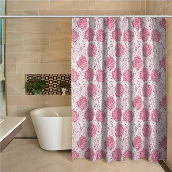 

Rose Hotel Quality Polyester Shower Curtain Artistic Girlish Pattern Rose Flower Silhouettes Outlines Botany Garden Meadow