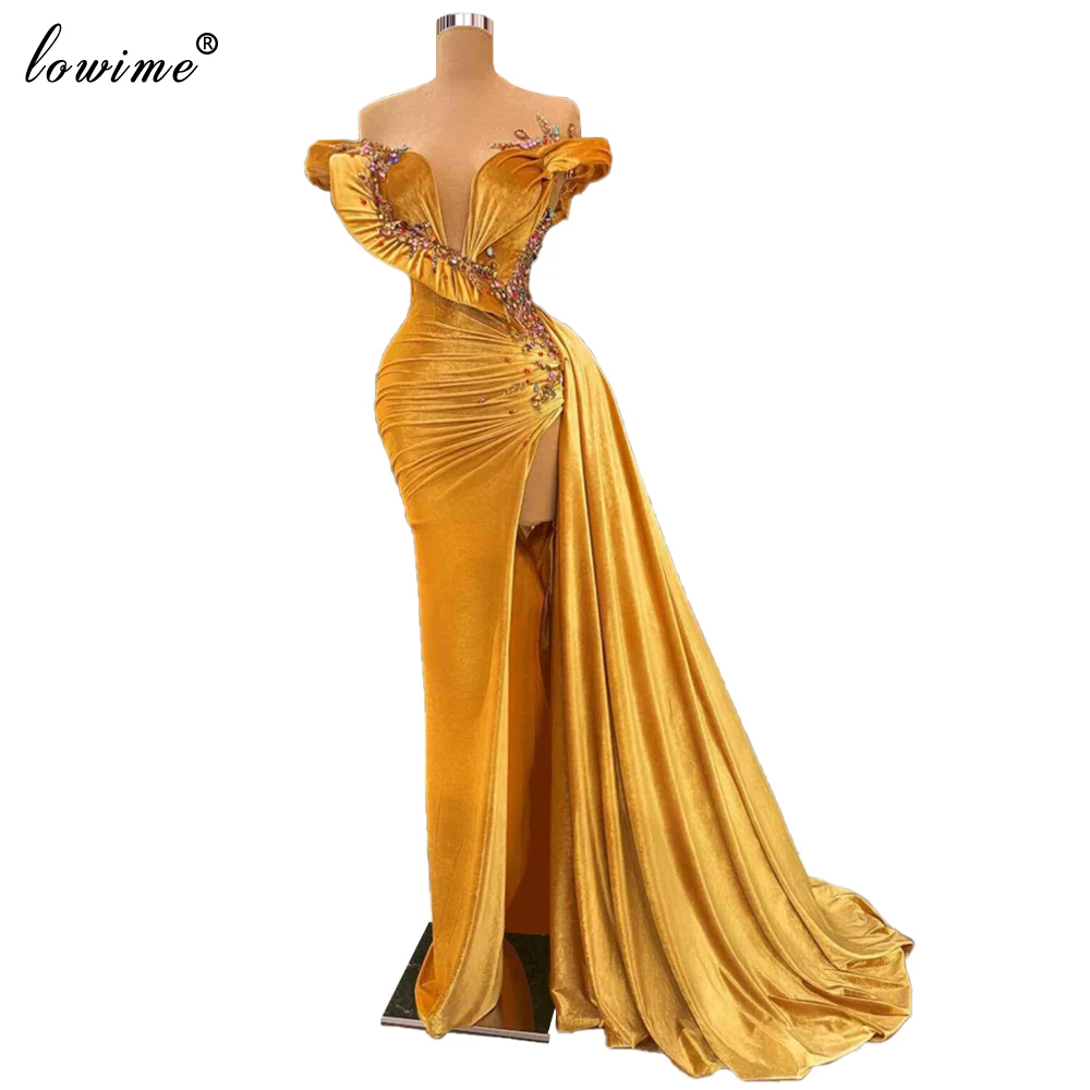 Plus Size Gold Velvet Evening Dresses 