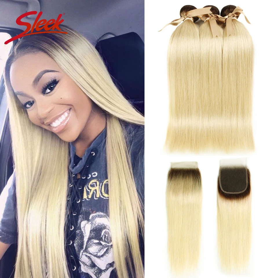 

Sleek Ombre Blonde Bundles With Closure Peruvian Straight Remy Human Hair T4 613 Honey Blonde Bundles With Closure 10-26 Inches