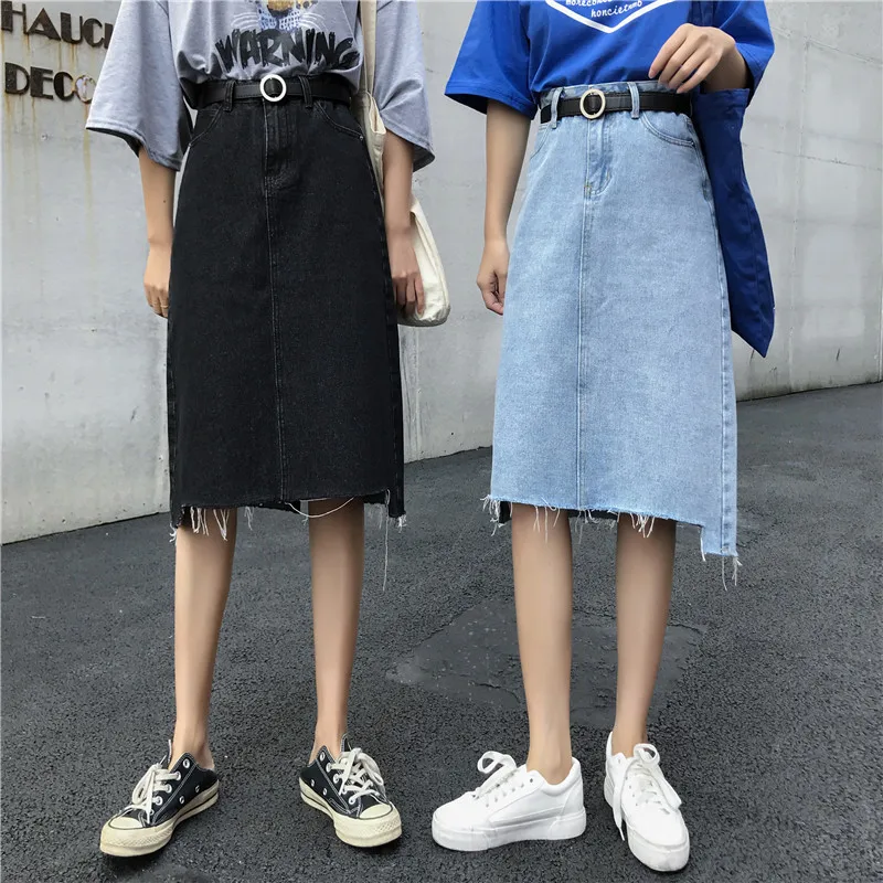 

Photo Shoot 2019 Summer Korean-style Irregular Torn Edge A- line High-waisted Cowboy Mid-length Skirt