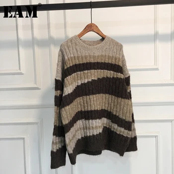 

[EAM] Striped Big Size Knitting Sweater Loose Fit Round Neck Long Sleeve Women Pullovers New Fashion Autumn Winter 2020 1X39516