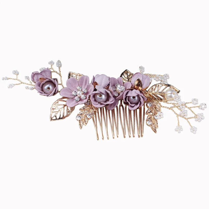 Свадебные аксессуары для волос модный, жемчужный, с кристаллами с цветочкой расчески для волос повязка на голову с золотистыми листьями; украшения для волос Шпильки - Окраска металла: purple 1