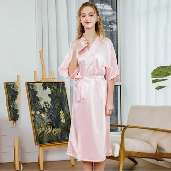 

Female Bride Bridesmaid Wedding Robe Short Sleeve Home Clothing Solid Colour Night Dress Summer Sexy Satin Kimono Bathrobe Gown