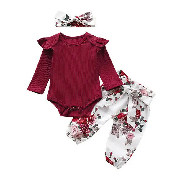 2020 Newborn Infant Baby Girl Clothes Set Spring Autumn Casual Flower Tops Romper Leggings Headband 3PCS Outfits | Мать и ребенок
