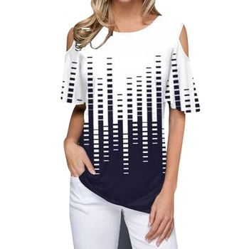 

2020 Summer New Women Loose Large Size Off-shoulder Shirt Round Neck Short Sleeve Printed Casual T-shirt