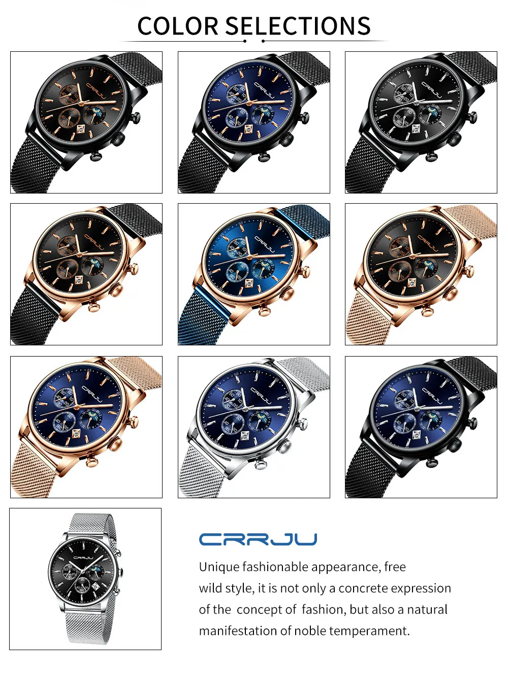 Relogio Masculino CRRJU Роскошные Кварцевые часы для мужчин синий циферблат часы спортивные часы хронограф часы с сетчатым РЕМЕШКОМ НАРУЧНЫЕ ЧАСЫ