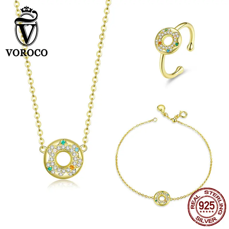 VOROCO 925 пробы комплект серебряных ювелирных изделий 3 шт. Золотой сладкий пончики комплект ювелирных изделий ожерелье и браслет и кольцо для женщин хорошее ювелирное изделие
