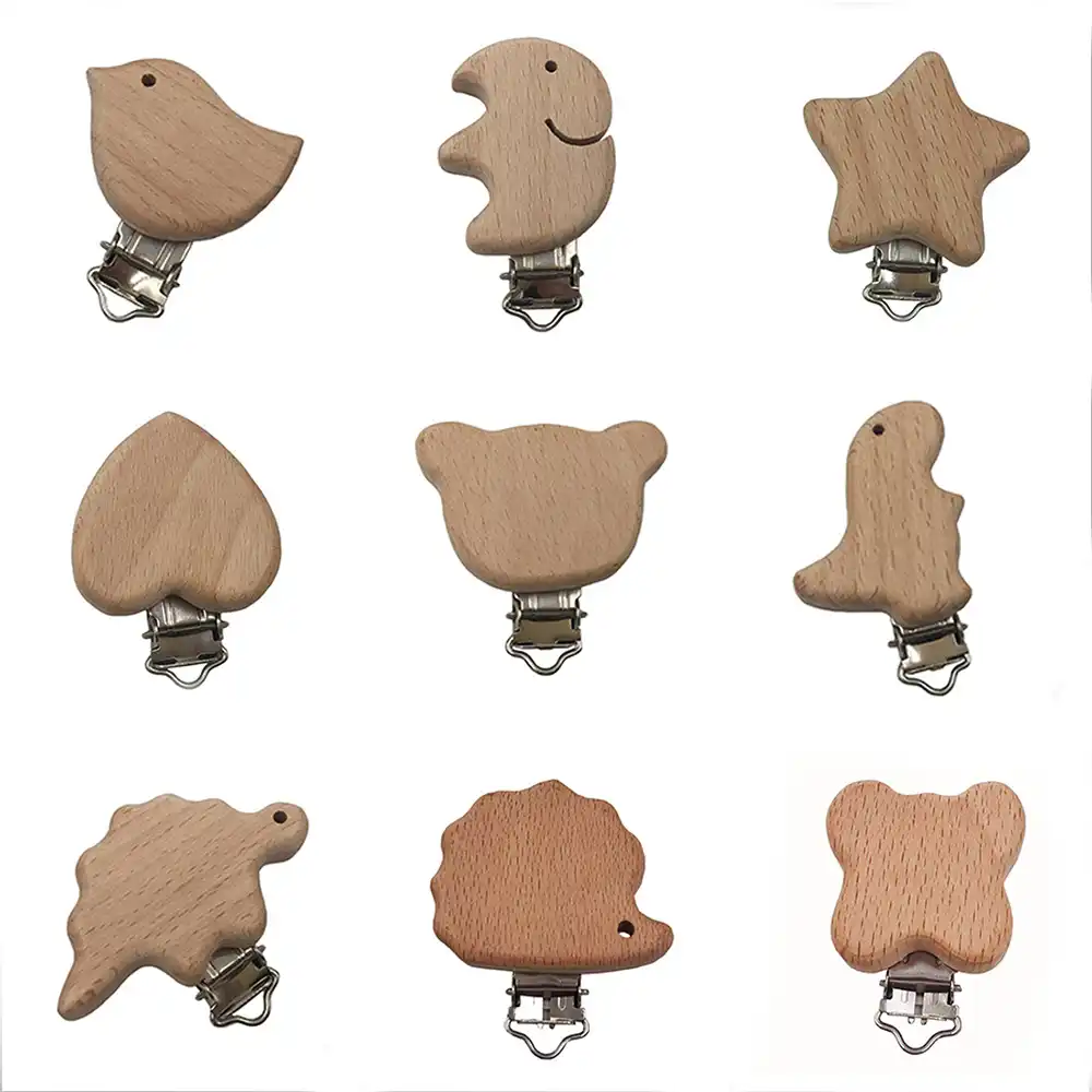 Alenybeby Beech Wood Pacifier Clip Small Cute Shape Elephant Star Heart-Shaped Bird Baby Teether DIY Preferred Nipple Chain Accessories Flower