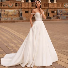 

White Wedding Dresses A Line Satin Long Sleeves Deep V Neck Bridal Gowns Backless Bohemian Country Marriage White Robe De