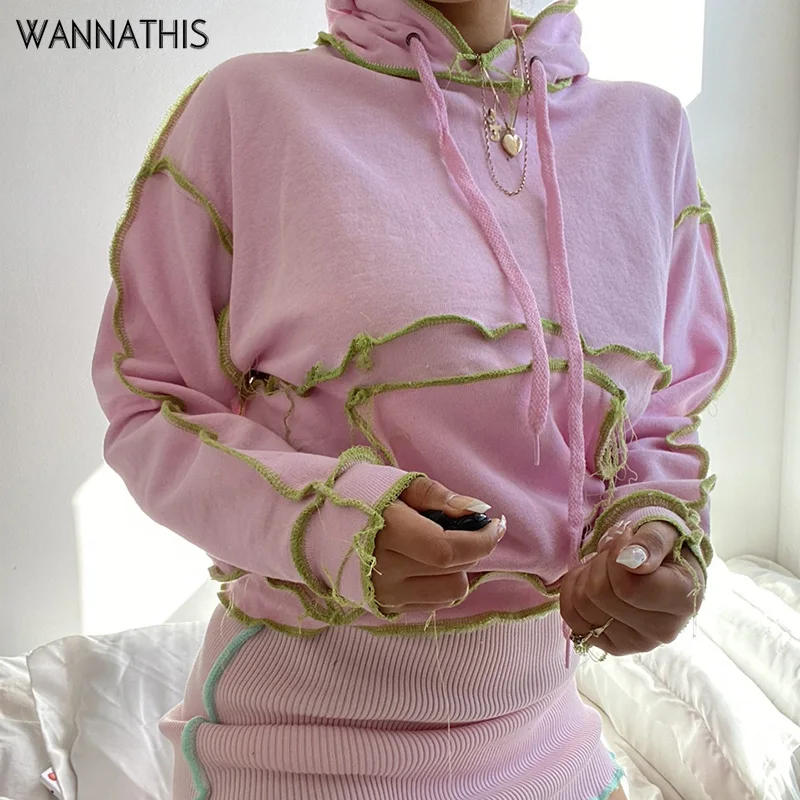 

WannaThis Sweatshirts Hooded Patchwork Hoodie Women 2020 Fashion Casual Sporty Itself Long Sleeve Loose Autumn Winter Streetwear