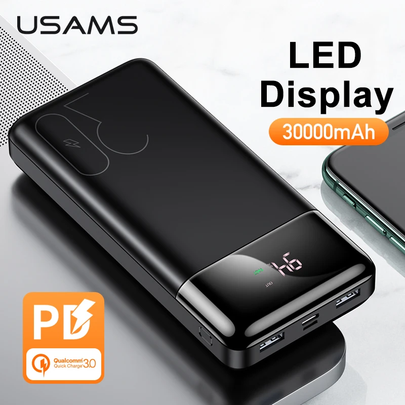 USAMS светодиодный дисплей 30000 мАч Внешний аккумулятор PD3.0 двойной QC3.0 3A Быстрая