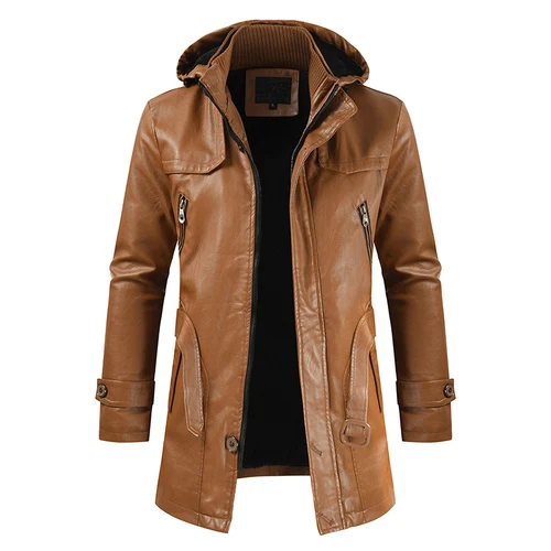 Мужские кожаные куртки Новая мужская повседневная модная кожаная одежда из искусственной кожи с капюшоном Тонкая мужская кожаная одежда Jaqueta De Couro - Цвет: Light Brown
