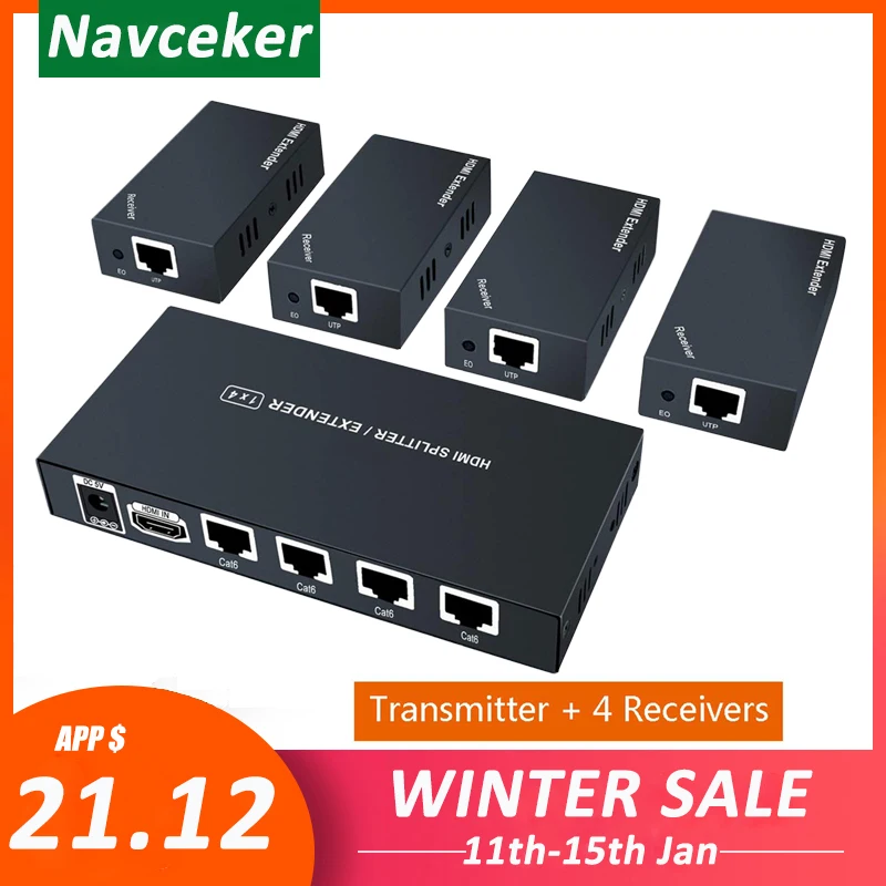 Разветвитель HDMI 1x4 200 футов 60 м кабель UTP RJ45 Cat5e Cat6 поддержка HD 1080P 1 передатчик на 4