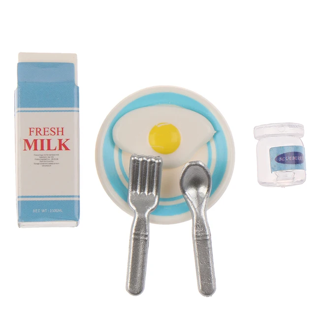 1Set 1/12 Scale Miniature Dollhouse Milk & Egg Breakfast Set for Mini Doll Food Play Kids Kitchen Set Accessories Toys 2