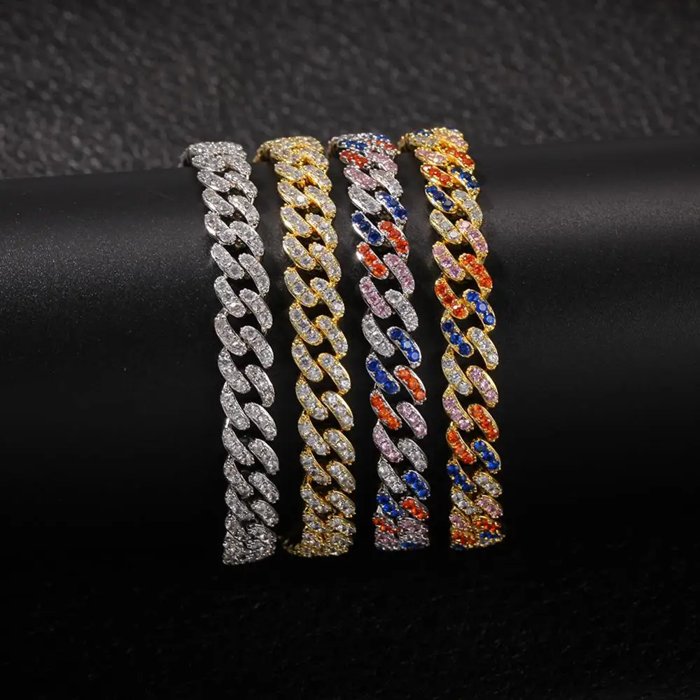Розовый/белый/синий AAA+ кубический цирконий Ice Out кубинский панцирный браслет-цепочка для мужчин и женщин хип-хоп Bling CZ Rapper Jewery