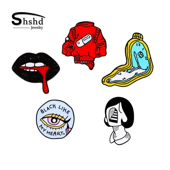 

Artist Brooches Tongue Lips Twisted Clock Pill Enamel Pin Denim Jackets Shirt Lapel Pin Bag Badge Punk Cool Women Jewelry Gifts