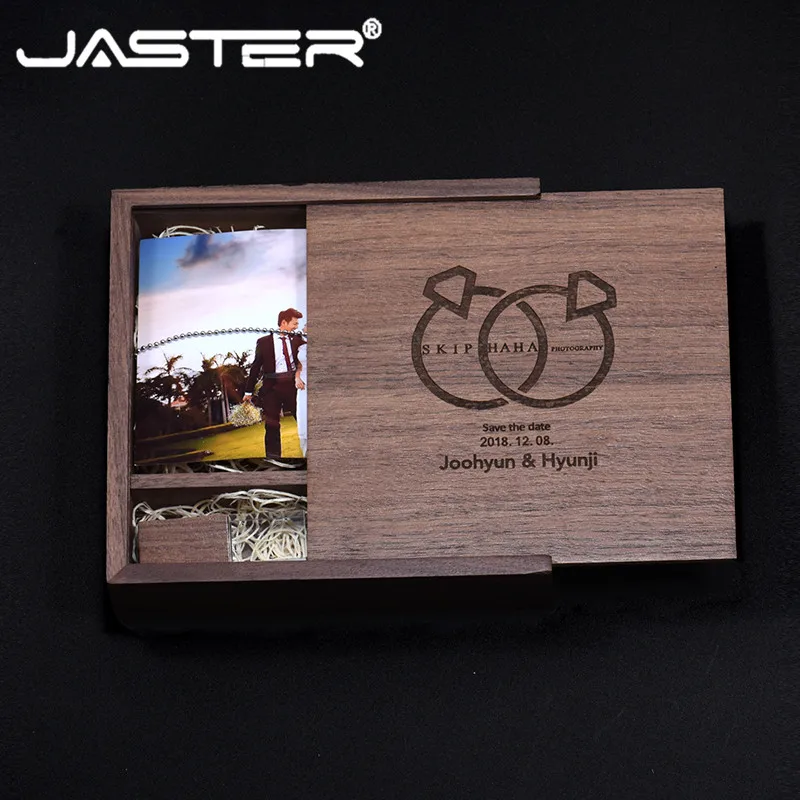 JASTER Crystal Wooden USB Flash Drive, Walnut Wood Wedding Gift with Box, 128GB 64GB 32GB 16GB, Memory Stick