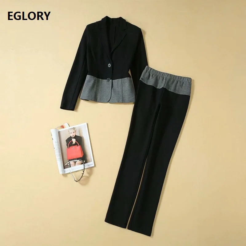 

Elegant Work Suits 2019 Autumn Fashion Blazer Set Women Notched Collar Grey Color Block Blazer Coat+Skinny Leggings Pant Sets