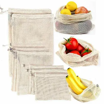 

New Natural Cotton Mesh Drawstring Washable Vegetable Fruit Grocery Bag Storage Mesh Pouch Reusable