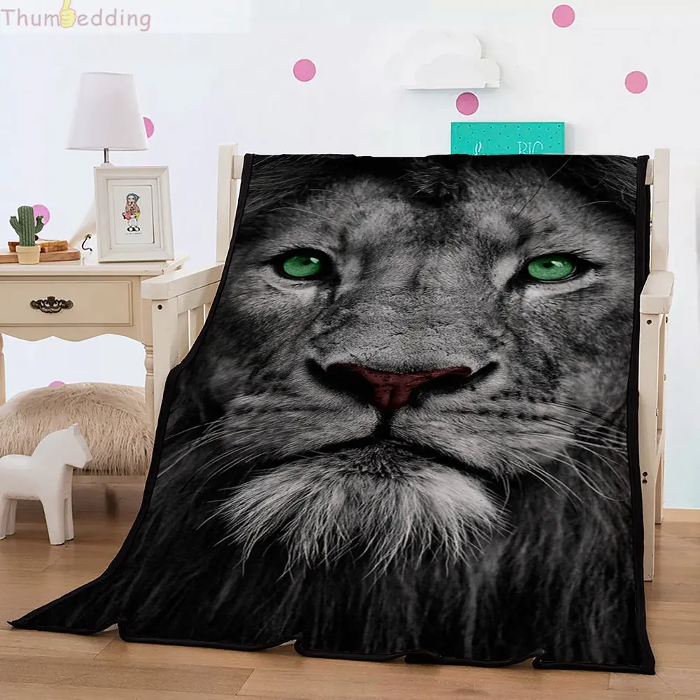 

Thumbedding Wild Animal Flannel Blanket 3D Lion White and Flower Throw Blanket Aggressive Home Deco Soft Touching Bedspread