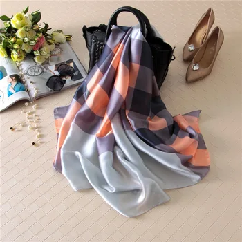 

2019 Classic women silk scarf female scarves ladies beach wrap chiffon shawl lattice Printed sunscreen bandanna foulard muffler