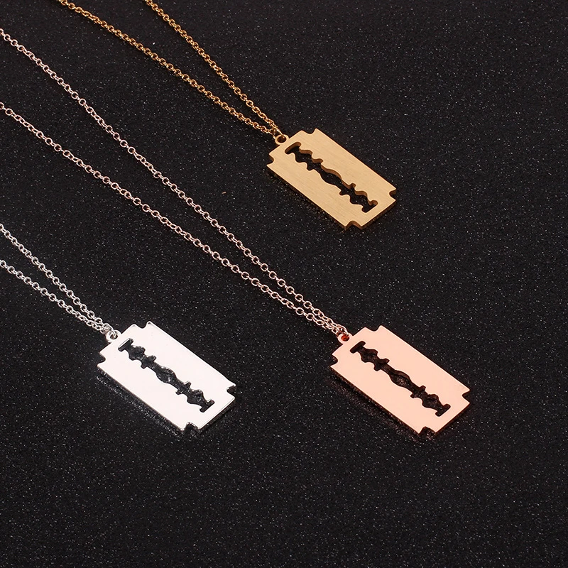 New Hiphop Punk Stainless Steel Razor Blades Pendant Necklaces Men Jewelry Shaver Shape Necklaces Rock Blade Women Collares Hot
