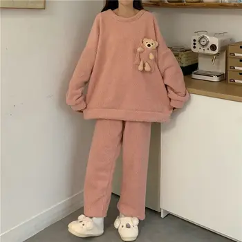 

Coral Fleece Home Clothes for Women Pijamas Mujer Invierno Pajamas for Women Solid Bear Doll Sleepwear Set Winter Pyjamas Women