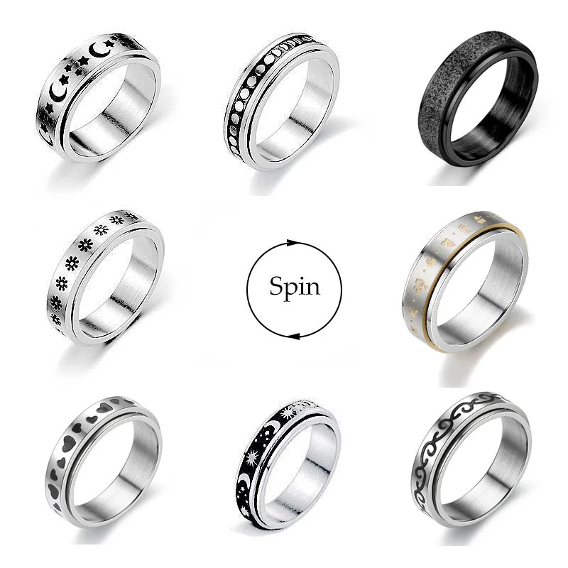 Spin Rings for Women Men Titanium Steel Star Moon Rotate Freely Ring Anti Stress Accessories Punk Hop Hip Jewelry Couple Gifts | Украшения