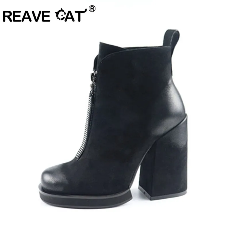 

REAVE CAT Suede Punk Boots For Woman Black Thick high heels ankle boots Platform zipper chunky booties winter autumn lady shoes