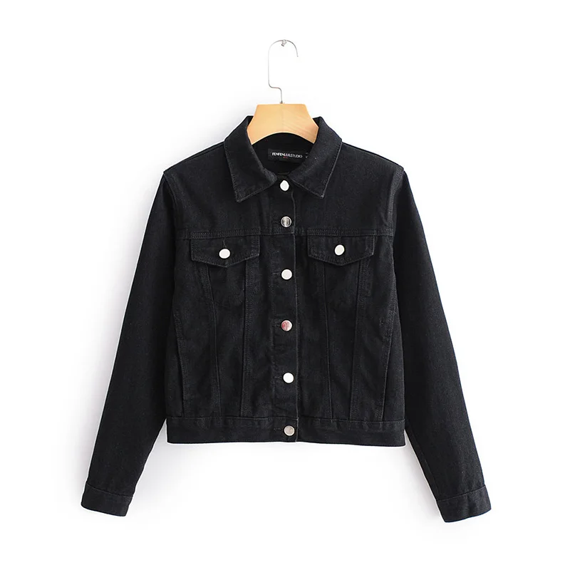 

Retro Pockets Cowboy Jacket Autumn Casual Long Sleeve Female Tooling Buckle Jacket Black Basic Coats Outwear Ladies Clothes