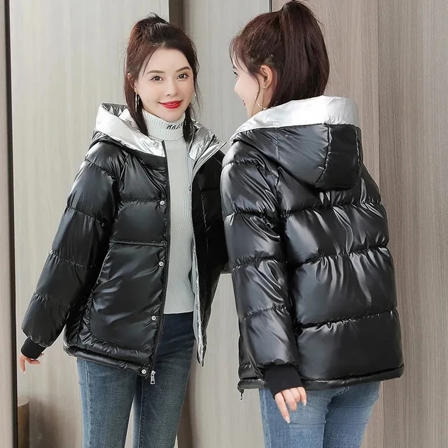 Winter Jacket Women 2021 New Glossy Down Cotton Coat Winter Warm Down Jacket Parkas Thick Warm Cotton-Padded Coat Outwear Female Hooded Black
