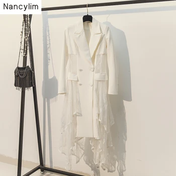 

Black Blazer Coat Women 2020 New Spring Autumn Korean Slim Sexy Lace Stitching Mesh Irregular Long Suit Blazers Lady Windbreaker