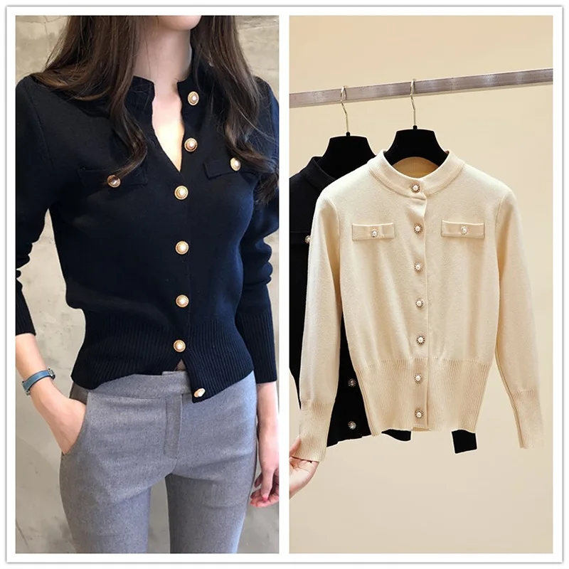

Xisteps Knitted Women Sweater Cardigan Pearl Button O Neck Long Sleeve Female Coat Hongkong Style Purple Apricot Ladies Casual