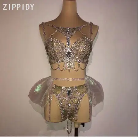 Сексуальный мигающий серебряный бюстгальтер-цепочка, стразы, короткая юбка, комплект одежды для женщин, певица, сценический наряд, танцевальный, выпускной, бар, комплект одежды