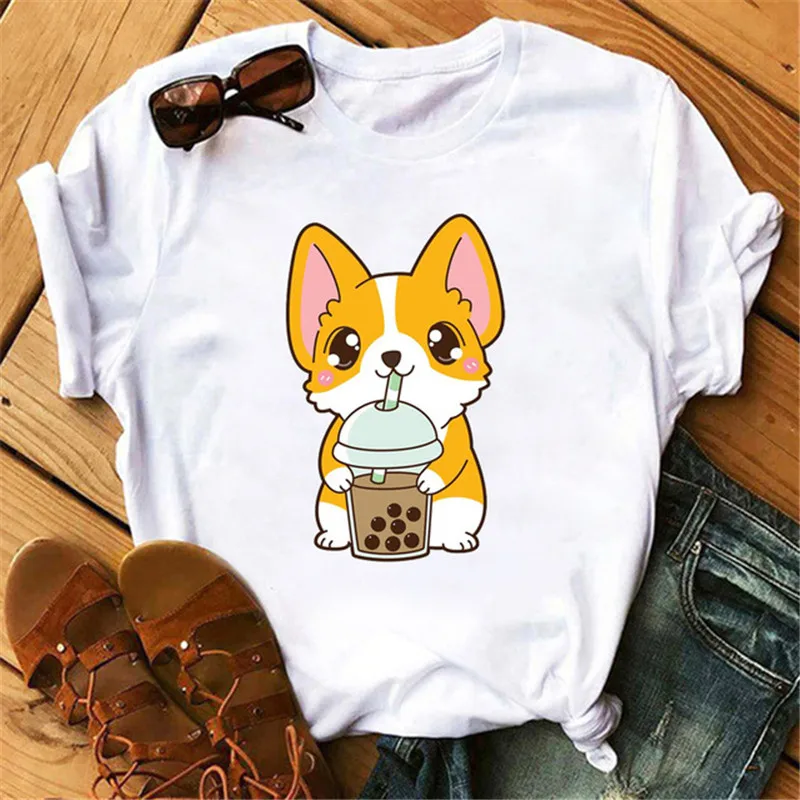 Kawaii одежда Caeroon Corgi женская футболка с принтом белая мягкая круглым вырезом и