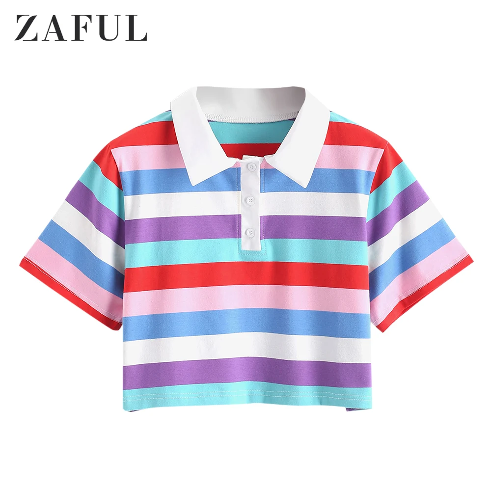ZAFUL, контрастная полосатая футболка с полупуговицами, футболка с воротником, летние женские повседневные футболки с коротким рукавом, короткий топ, женская футболка