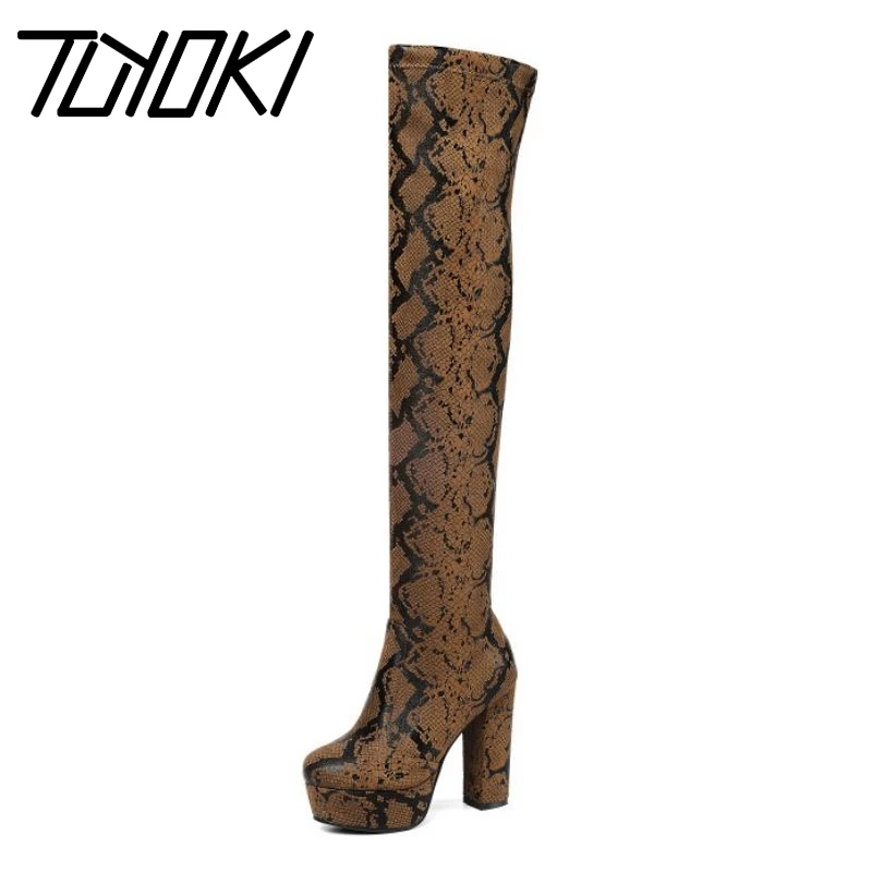 

Tuyoki 2020 Platform Fashion Snakeskin Winter Women Shoes Square High Heel Round Toe Casual Over The Knee Boots Size 34-43