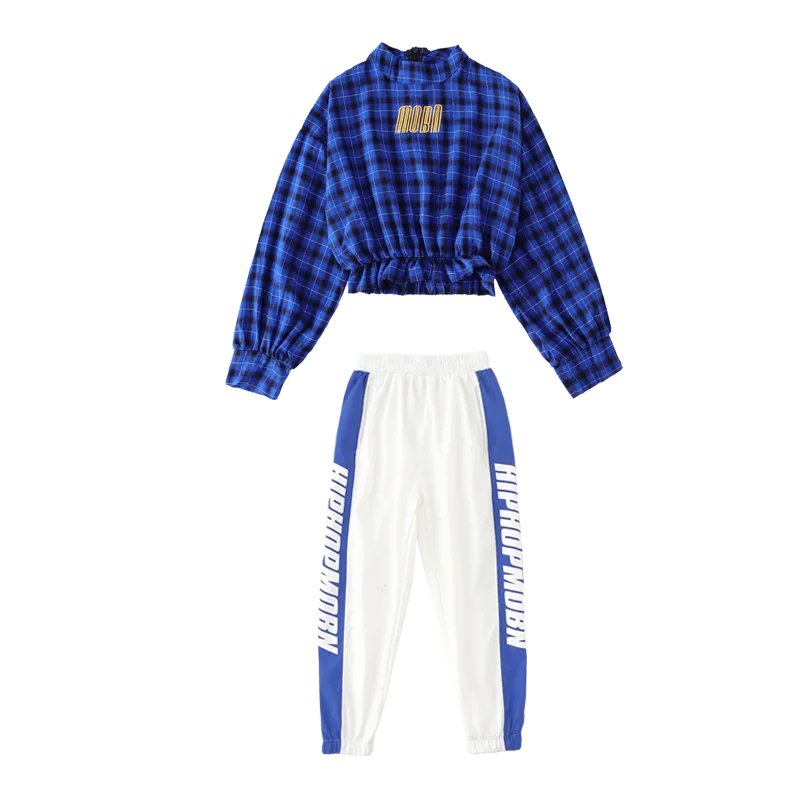 Blue Girls Boys Hip Hop Hoodies Dance Clothes for Kids Jazz Dancing Costumes SweaterShirt Ballroom Crop Tops Plaid Jogger Pants (1)