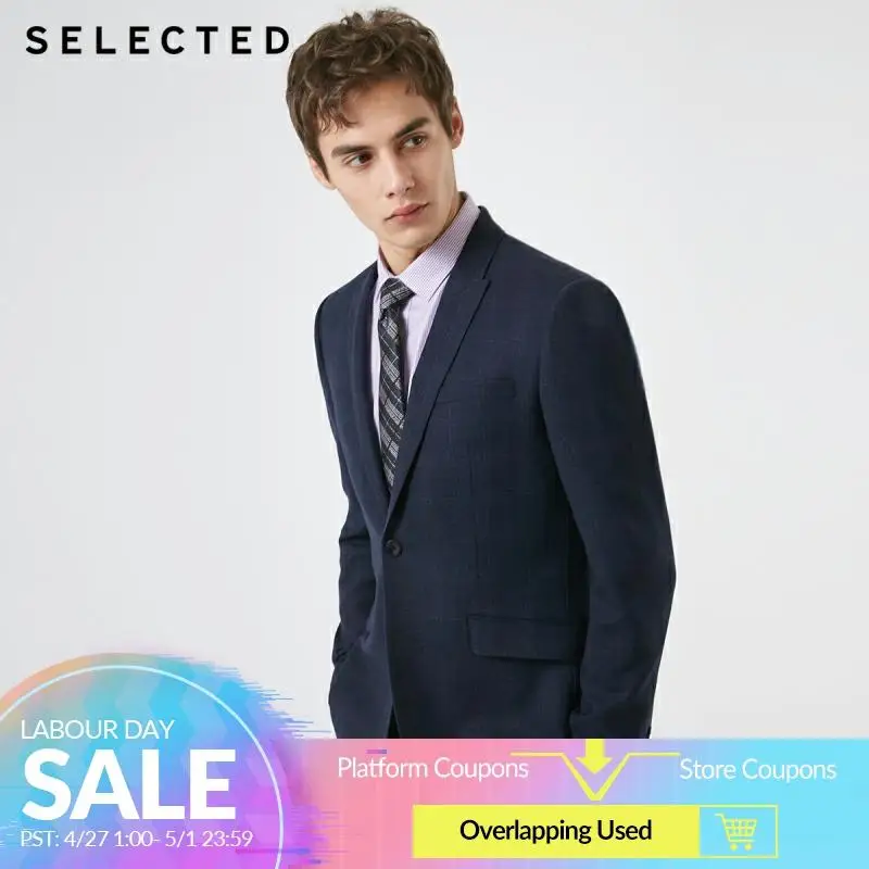 

SELECTED Men's Slim Fit Woolen Dark Plaid Closure Collar Blazer Jacket T|41915Y504