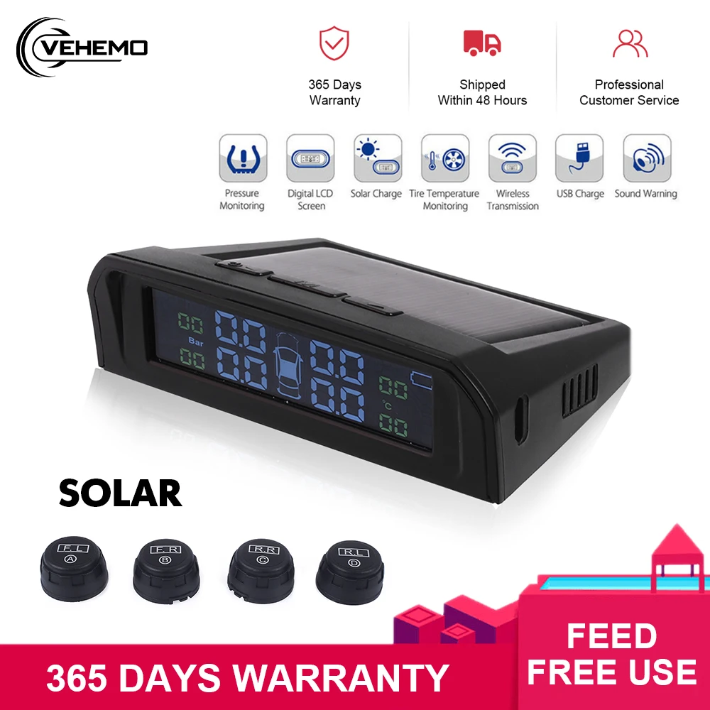 Vehemo Tire Pressure Monitoring System TPMS Solar Power Universal Wireless with 4 External Sensors Real-time Display 4 Tires Pressure & Temperature,Pressure Gauge Auto 