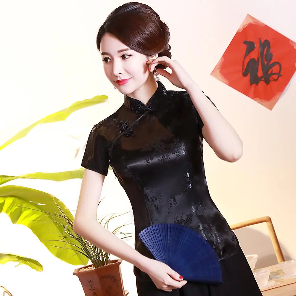 Традиционная китайская женская Винтажная с драконом Феникс Ципао китайский стиль короткий рукав Футболка плюс 4XL - Цвет: Black3