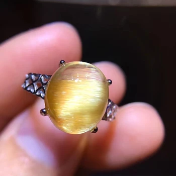 

AAAAA Natural Gold Rutilated Quartz Women Men Adjustable Ring 925 Silver 11x10mm Round Sphere Ball Beads AAAAA Certificate