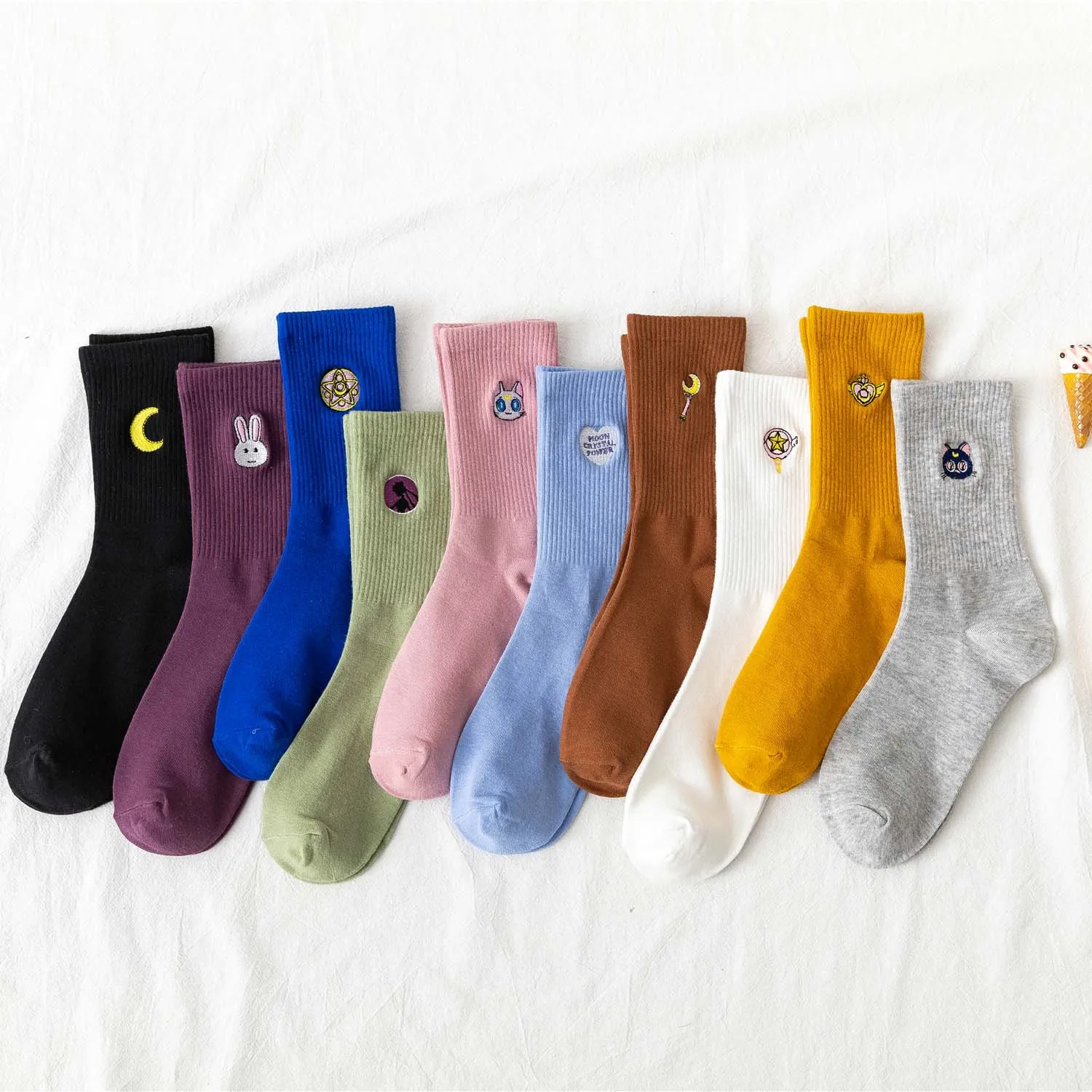 Kawaii Moon Girl забавные Женские носочки корейские женские носки из чистого хлопка с милой вышивкой 1 пара уличная одежда Сейлор Мун