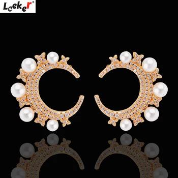 

LEEKER Korean White Imitation Pearl Open Circle Stud Earrings For Women Yellow Gold Silver Color Crystal Top Quality 716 LK8