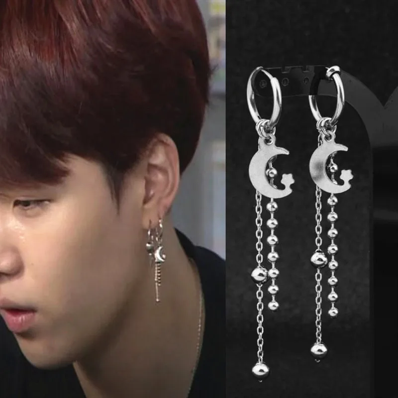 Альбом для мальчиков, бусины из нержавеющей стали, лунные серьги-гвоздики, ювелирные аксессуары для мужчин и женская серьга KPOP DNA, Корейская