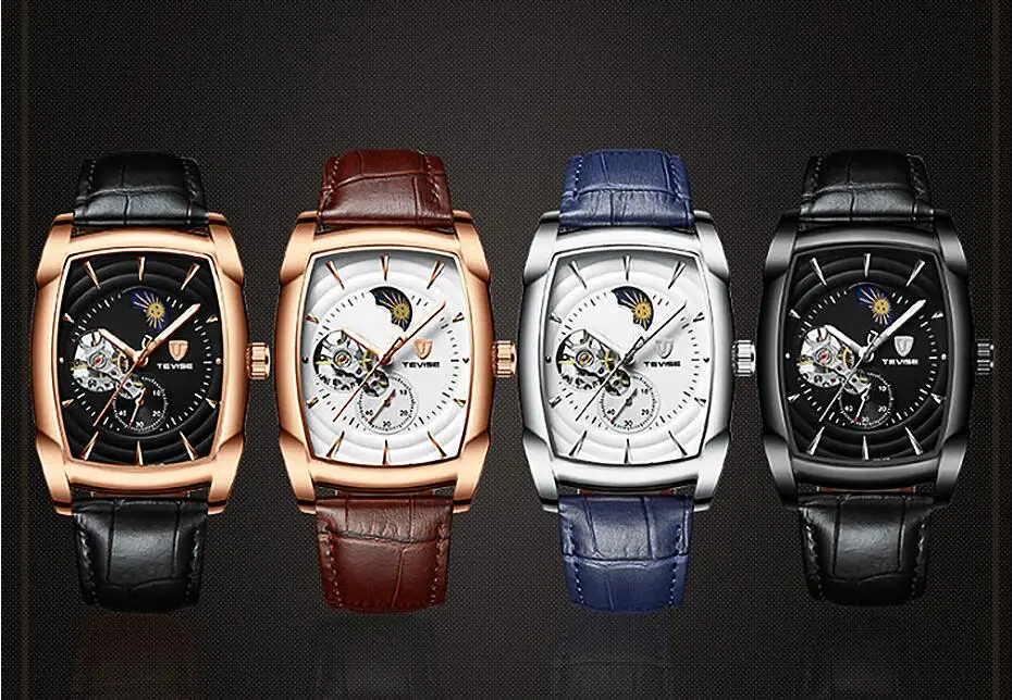 Прямоугольное, прозрачное часы Tourbillon, мужские механические часы с автоматической обмоткой, кожаные Наручные часы, водонепроницаемые часы Montre Moon Phase